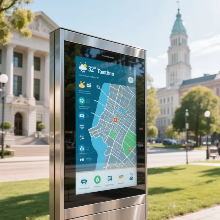 modern smart city interactive digital kiosk with a large 32-inch touch panel PC