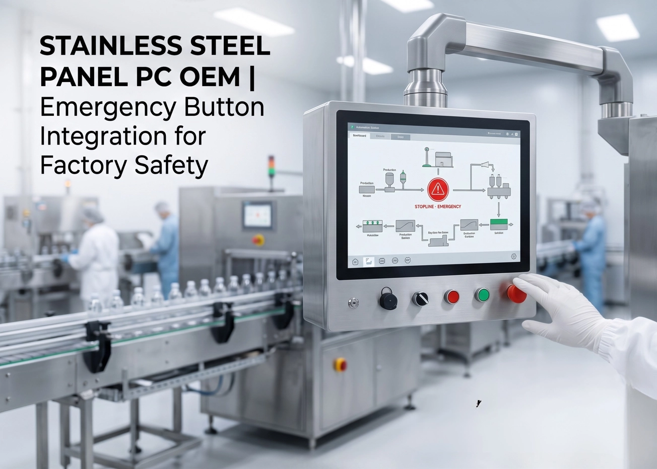 Touch Panel PC OEM by Beyond Info System featuring integrated emergency button for factory safety and HACCP compliance
