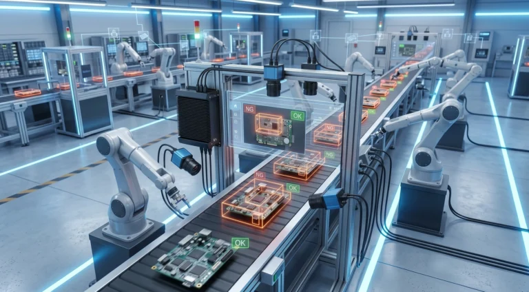 A rugged fanless embedded box PC by Beyond Info System performing real-time AI-driven PCB defect inspection on a smart factory assembly line