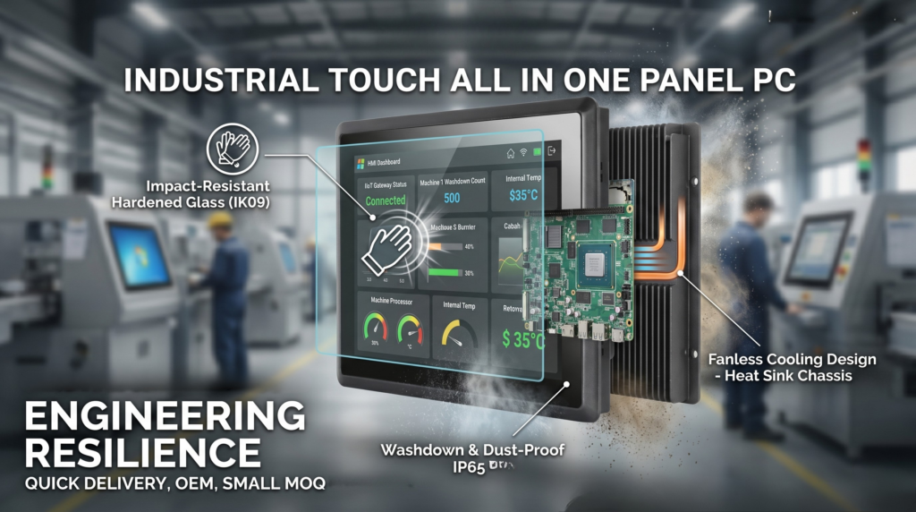 A rugged industrial panel PC featuring an IP65 protection rating for long-lasting operation in harsh environments