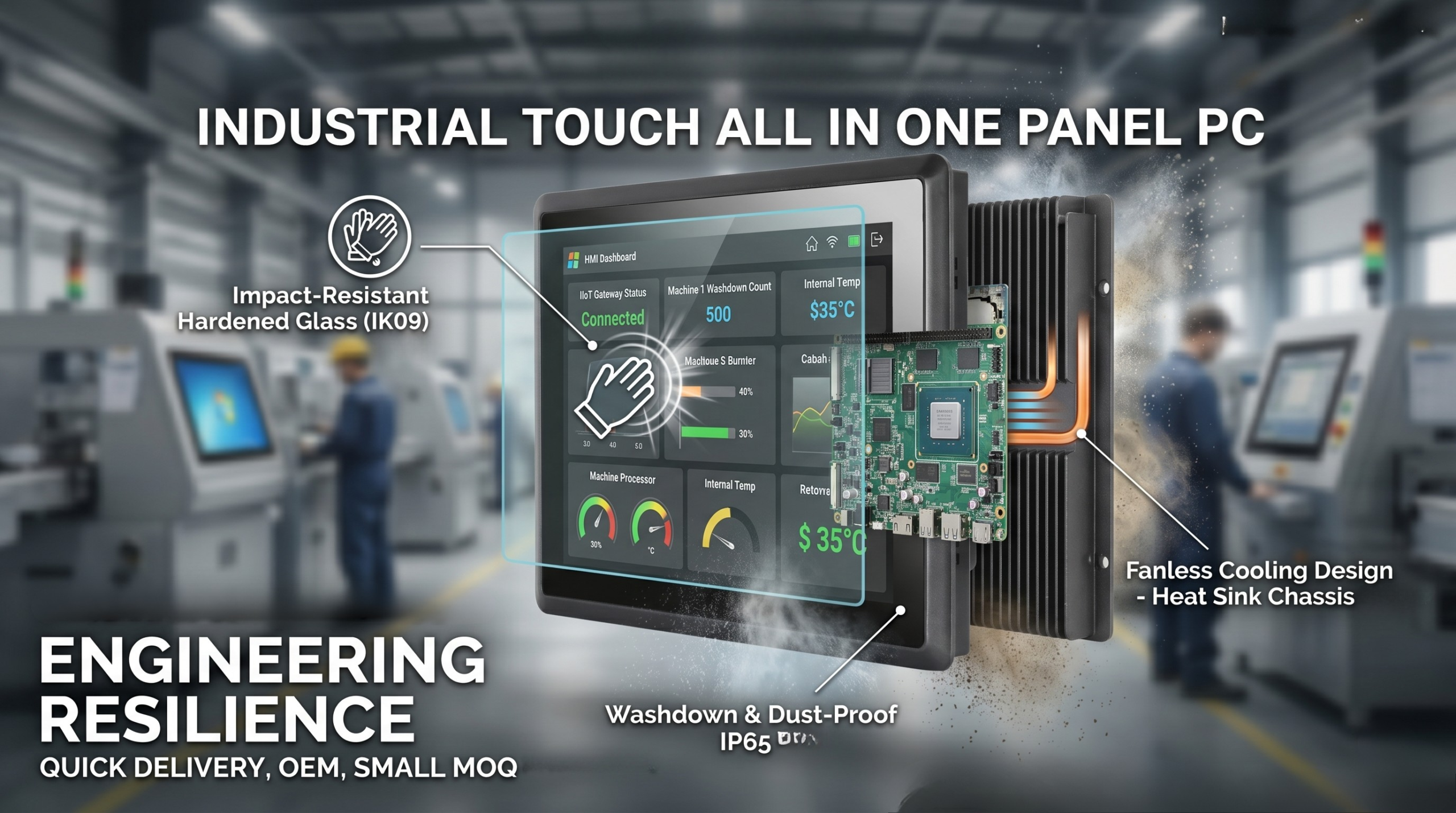 A rugged industrial panel PC featuring an IP65 protection rating for long-lasting operation in harsh environments