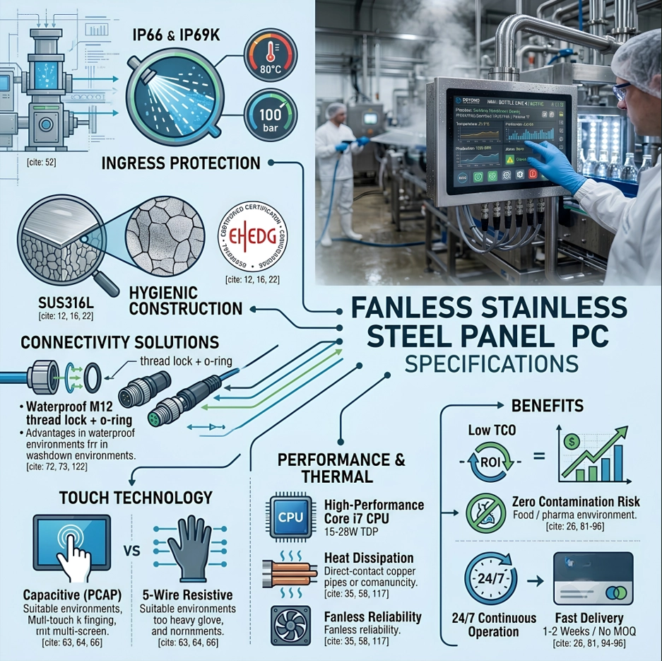 Compare fanless stainless steel panel PC specs.