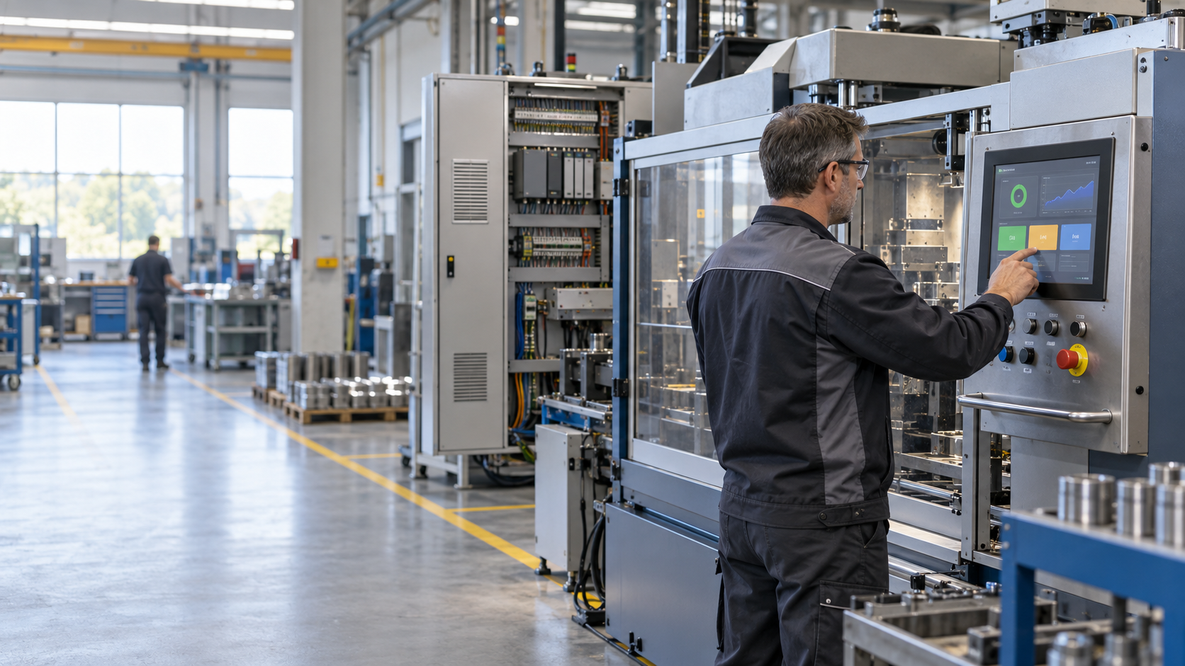 Operator using an Industrial Panel PC mounted on legacy production machinery beside an existing PLC cabinet
